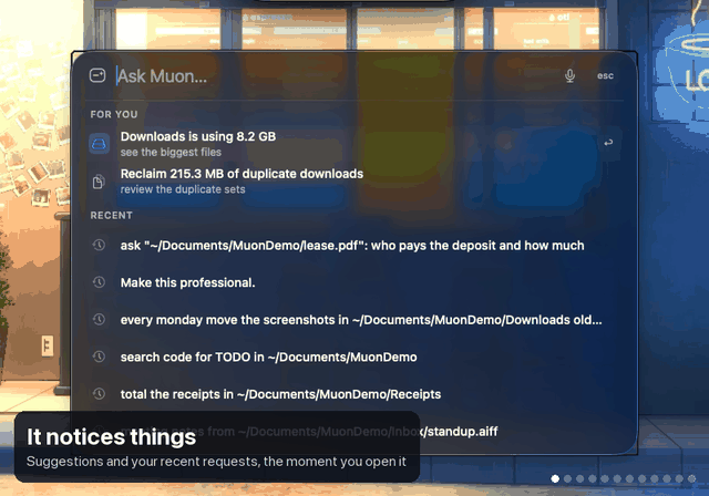 Muon demo: a spoken request, rewriting an email, explaining an error, answering from a scanned PDF, explaining a pasted screenshot, meeting notes from a recording and totaling receipts