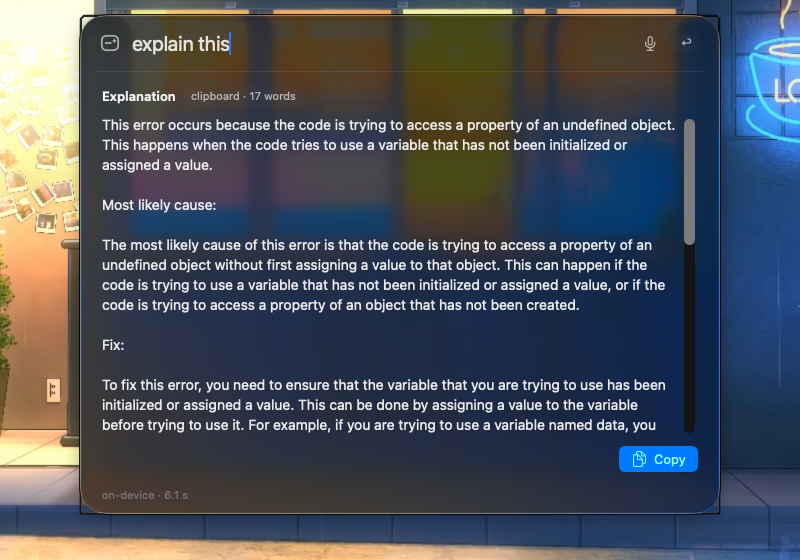 Explanation of an error copied to the clipboard