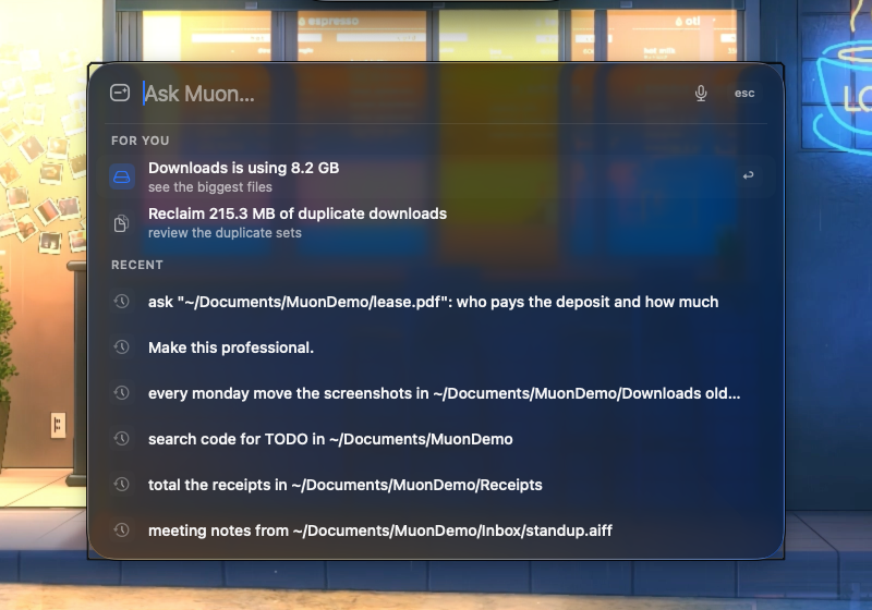 Empty palette showing For you suggestion rows