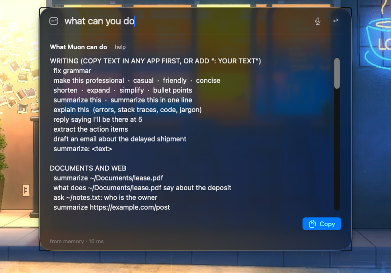 The in-app catalog of everything Muon can do