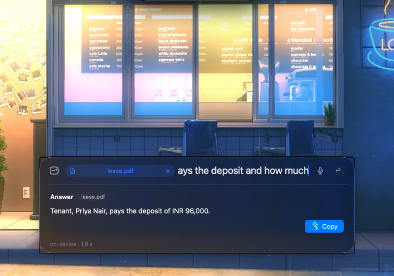 A pasted lease PDF with a question answered from it