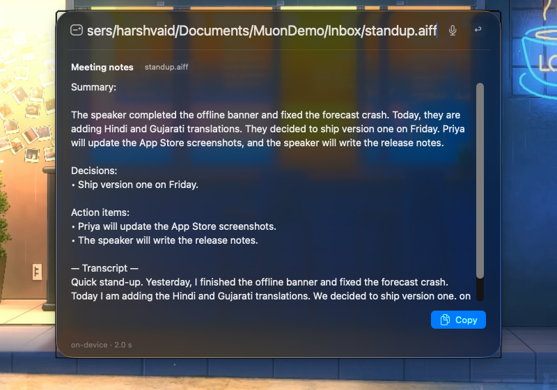 Meeting notes generated from a voice recording