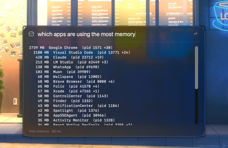 Apps listed by memory use, answered from memory in 59 ms