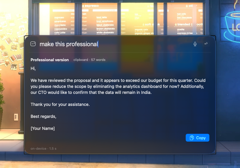An email rewritten in a professional tone, with Copy and Paste buttons