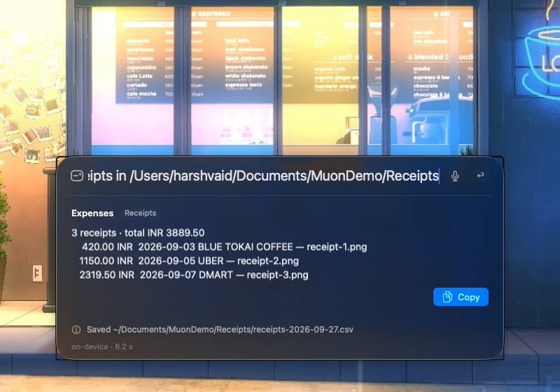 Expense table built from receipt photos with a save CSV confirmation