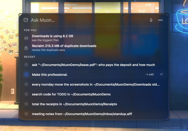 Recent requests listed under the suggestions with a highlighted row