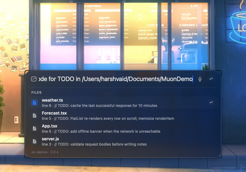 Code search results with clickable rows